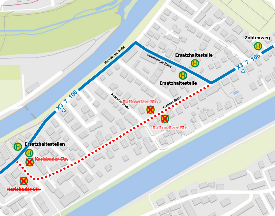 Linienführung Umleitungen Breslauer Straße IV Umleitung in der Breslauer Straße