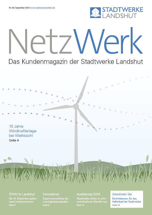 Titelbild des Kundenmagazins NetzWerk, Ausgabe 48, September 2025 mit einer Grafik eines Windrades